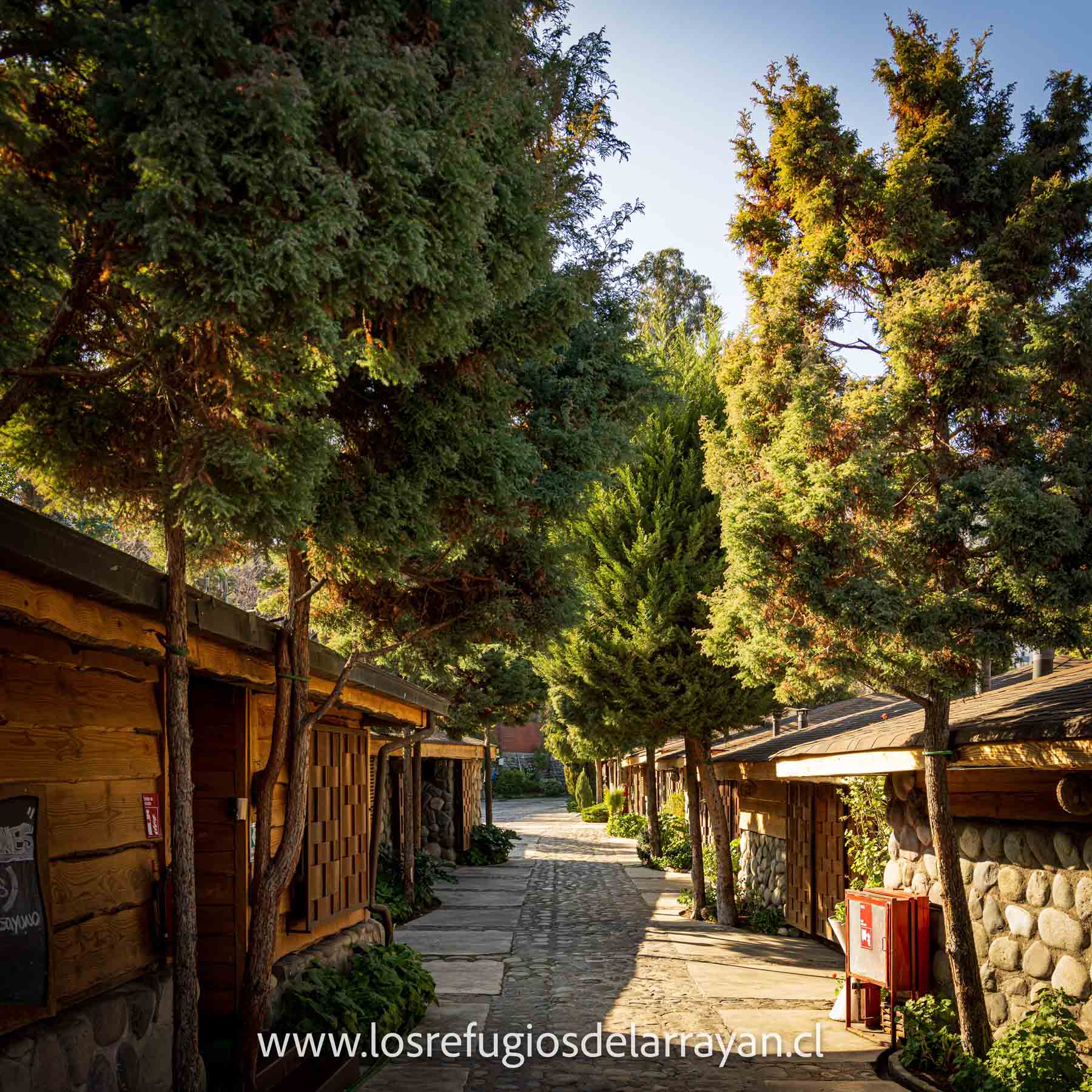 Pasaje entre las cabañas y los árboles